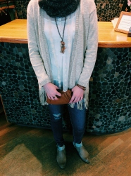 Cardigan: 10 Feet, Necklace: Beads by Gosh, Jeans: AG, Shoes: MJUS, Clutch: Aunts and Uncles